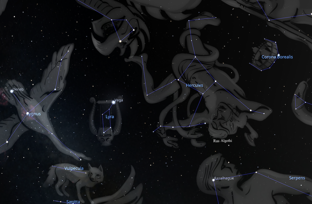 An image from Stellarium showing the Hercules constellation and fixed star Ras Algethi.